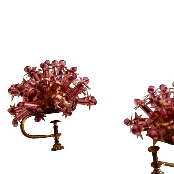 Vintage Screw Back Earrings Sequin and Bead Pink and Gold Cork 1" - Picture 5 of 10